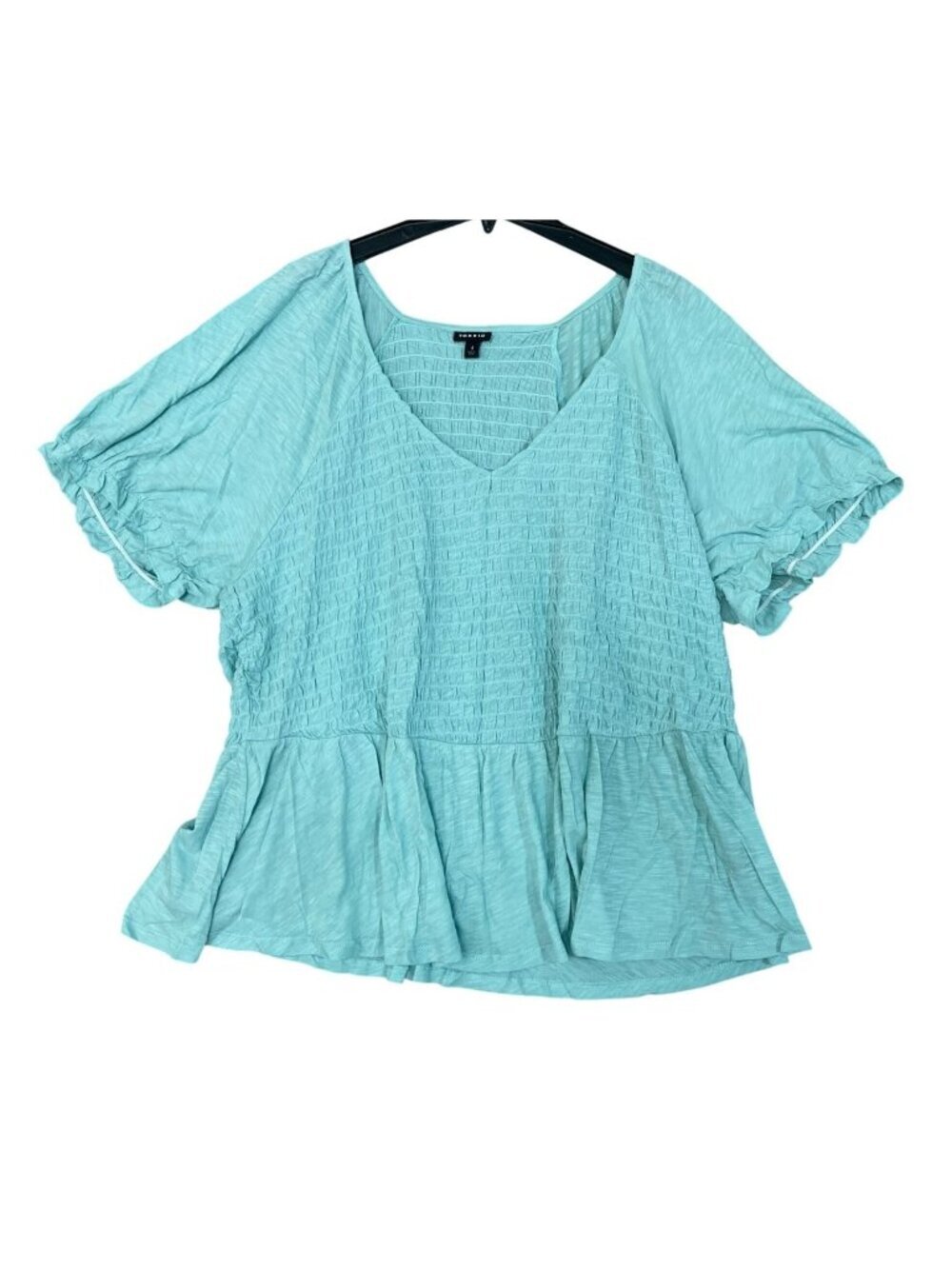Torrid Light Women's 4X Green Smocked Puff Sleeve Peplum Top P0872